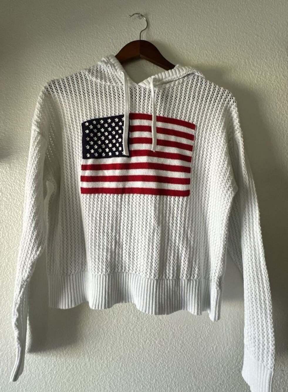 Universal Thread Americana Flag Open Stitch Hoodie Size L White